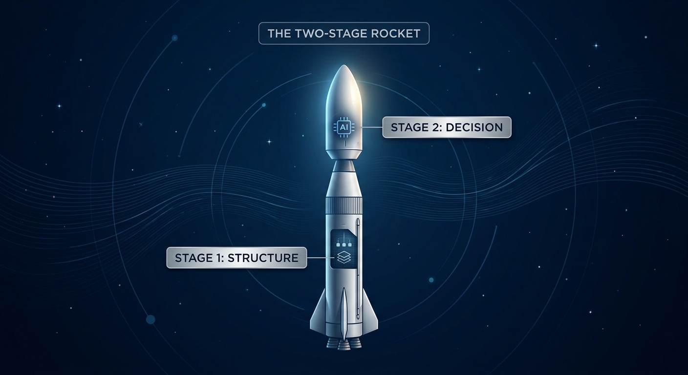 The two-stage rocket: stage one carries the structure, stage two carries the decisions